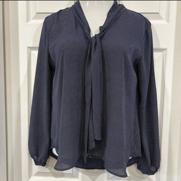 LOFT Tops - Loft Blue White Polka Dot Chiffon Blouse Large